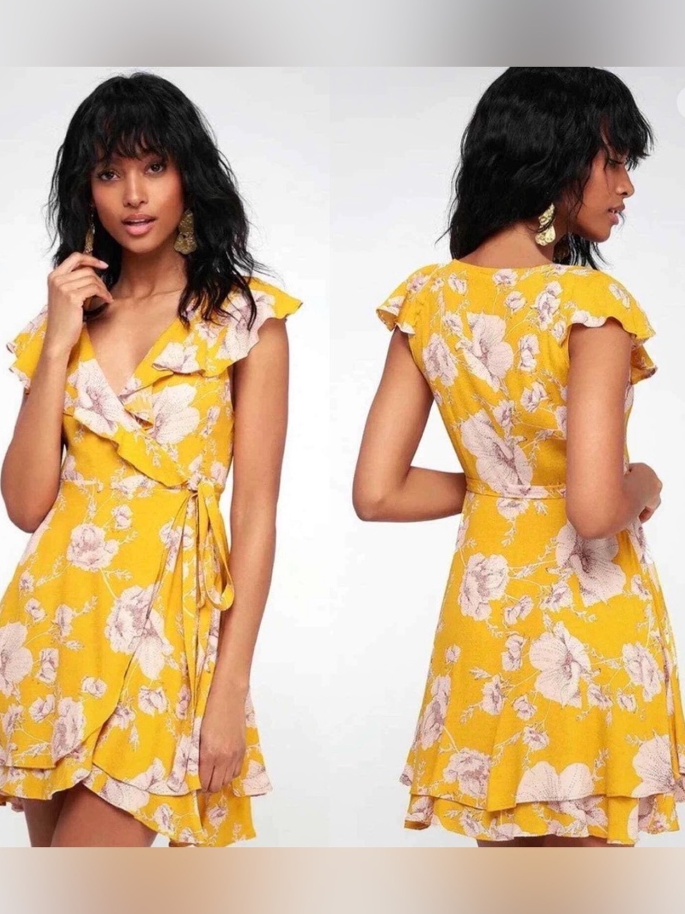 Free People Yellow Floral Wrap Mini Dress